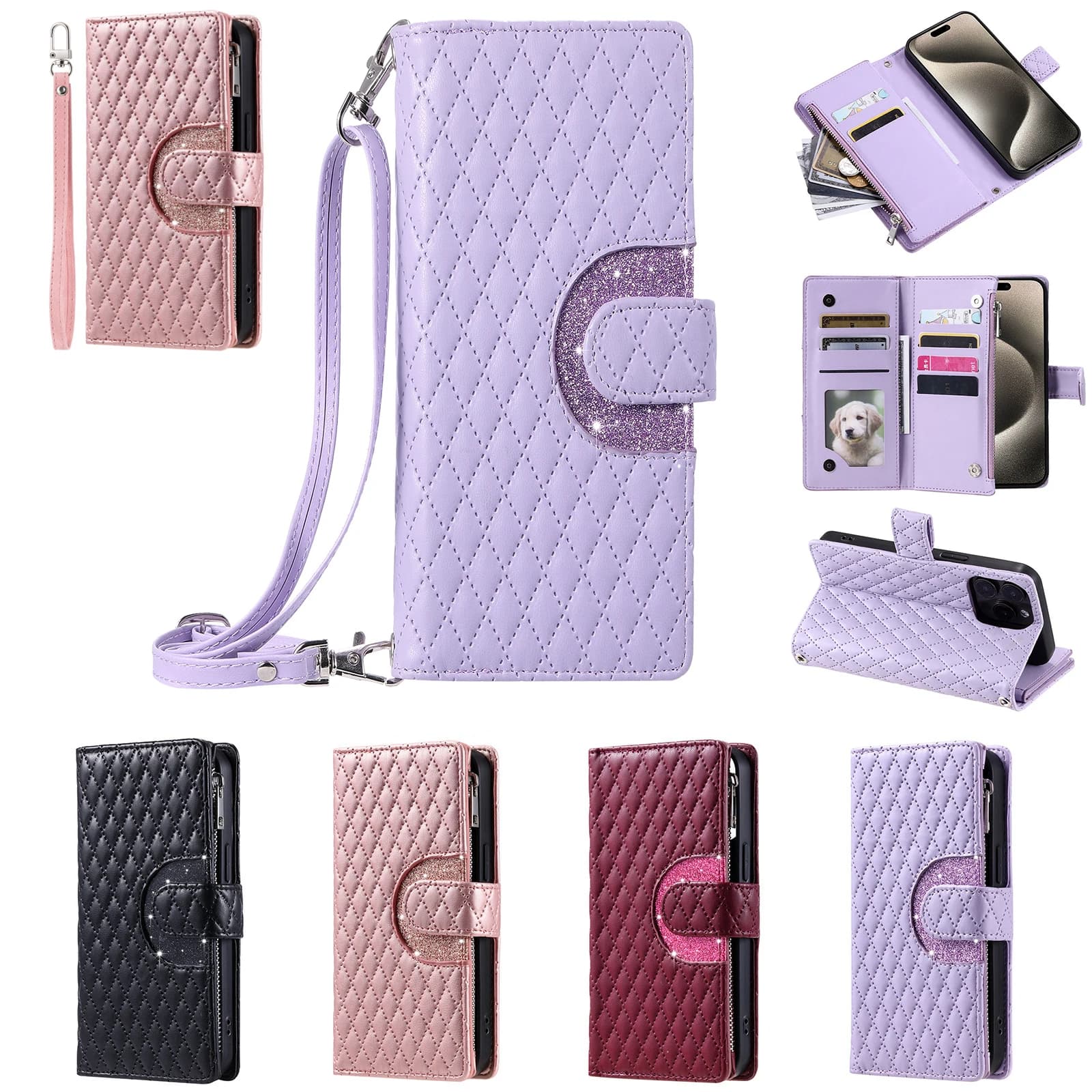 Custodia con cerniera multi 9 carte per Samsung Galaxy Buddy 3 2 wide 6 5 4 A Quantum4 Jump 3 Jean 2 Custodia a portafoglio con tracolla con cordino in pelle
