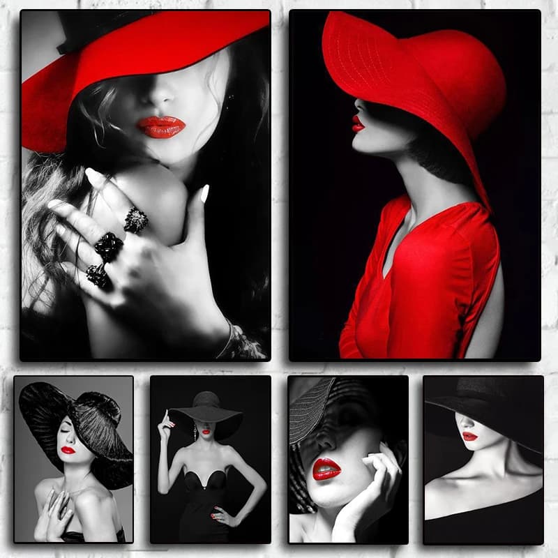 Elegant Red Lips Woman Poster and Print Modern Wall Art Canvas Painting Black White Pictures for Living Room Home Decor