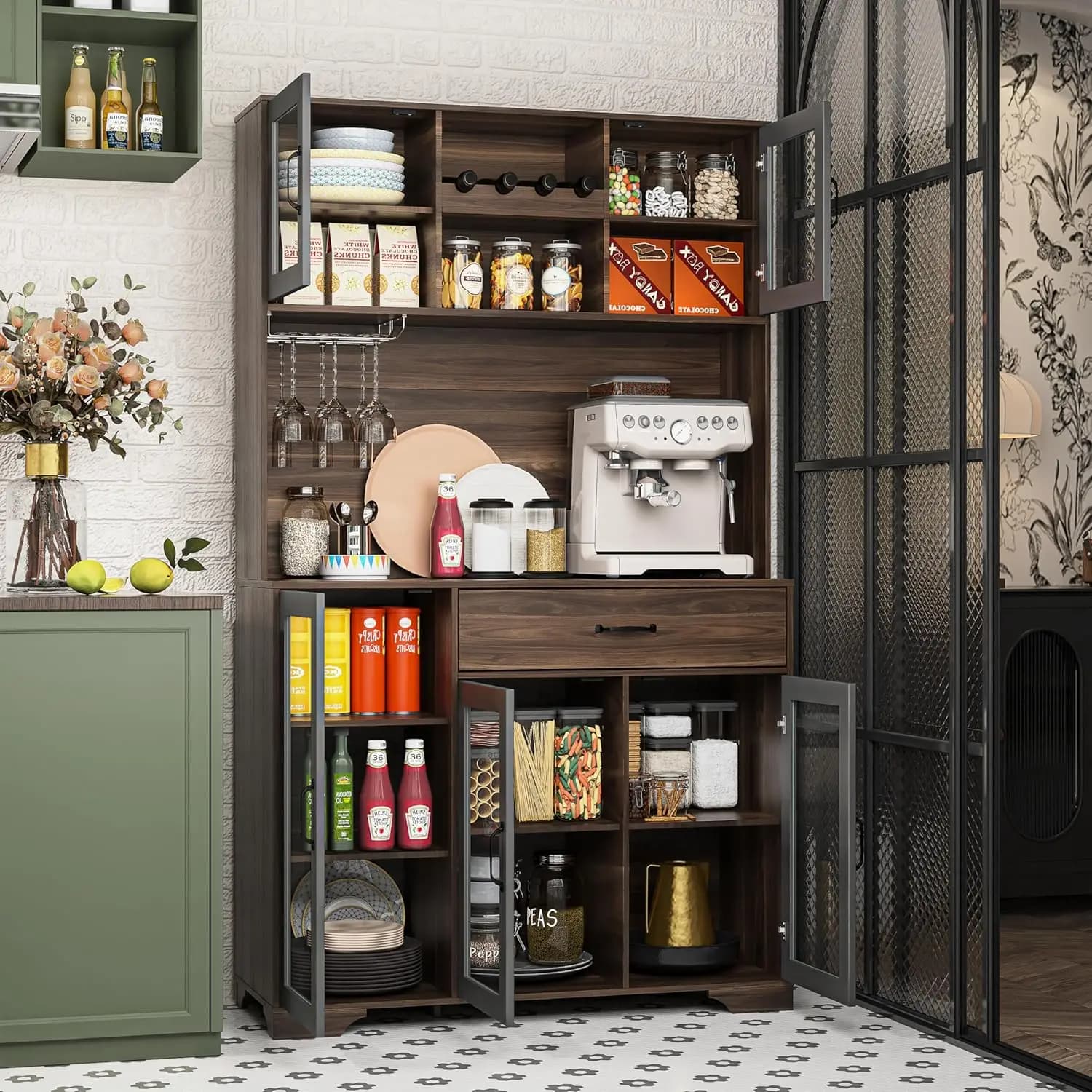 71" Pantry Cabinet Glass Door Charging LED Wine Rack Adjustable Shelf Drawer Kitchen Hutch Brown Custom