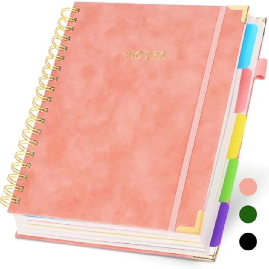Hardcover Spiral Notebook with Dividers Tabs, 300 Pages 8"x10" B5 Leather 5 Subject Notebook, Large Journal for Work School Not