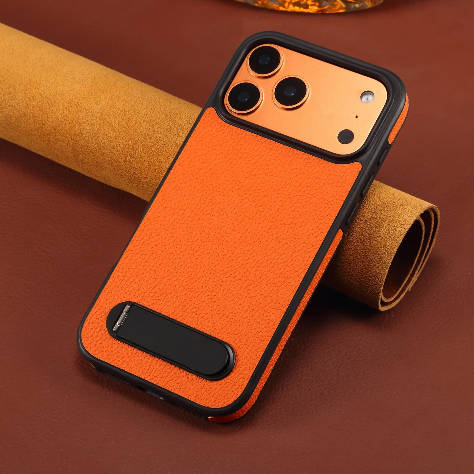 Denior adatto per iPhone 17/16/15/14/13 Pro Max Plus custodia per telefono con staffa di ricarica wireless magnetica in pelle PU con motivo litchi