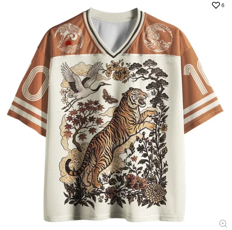 Landscape, flowers and birds surrounding a t-shirt with 3D print of a ferocious tiger, symbolizing a sporty shirt and casual lucky charm