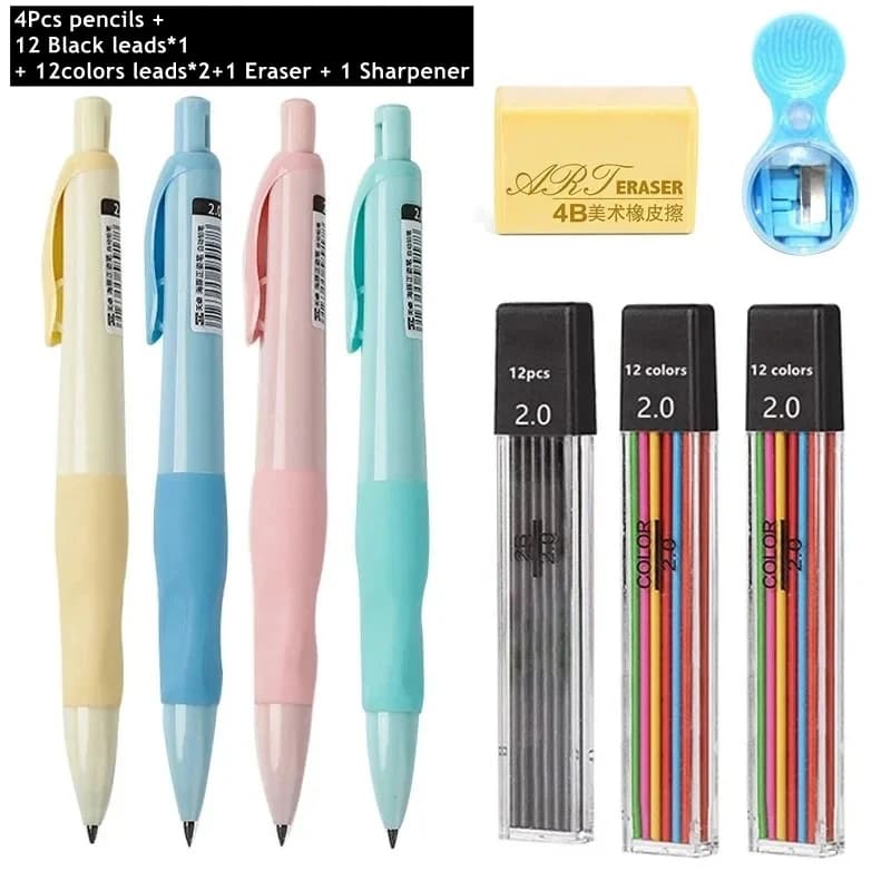 Mechanical Pencil Set 2.0mm HB Black/Colors Lead Refill for Writing Sketching Automatic Pencils Kawaii Cute School Supplies