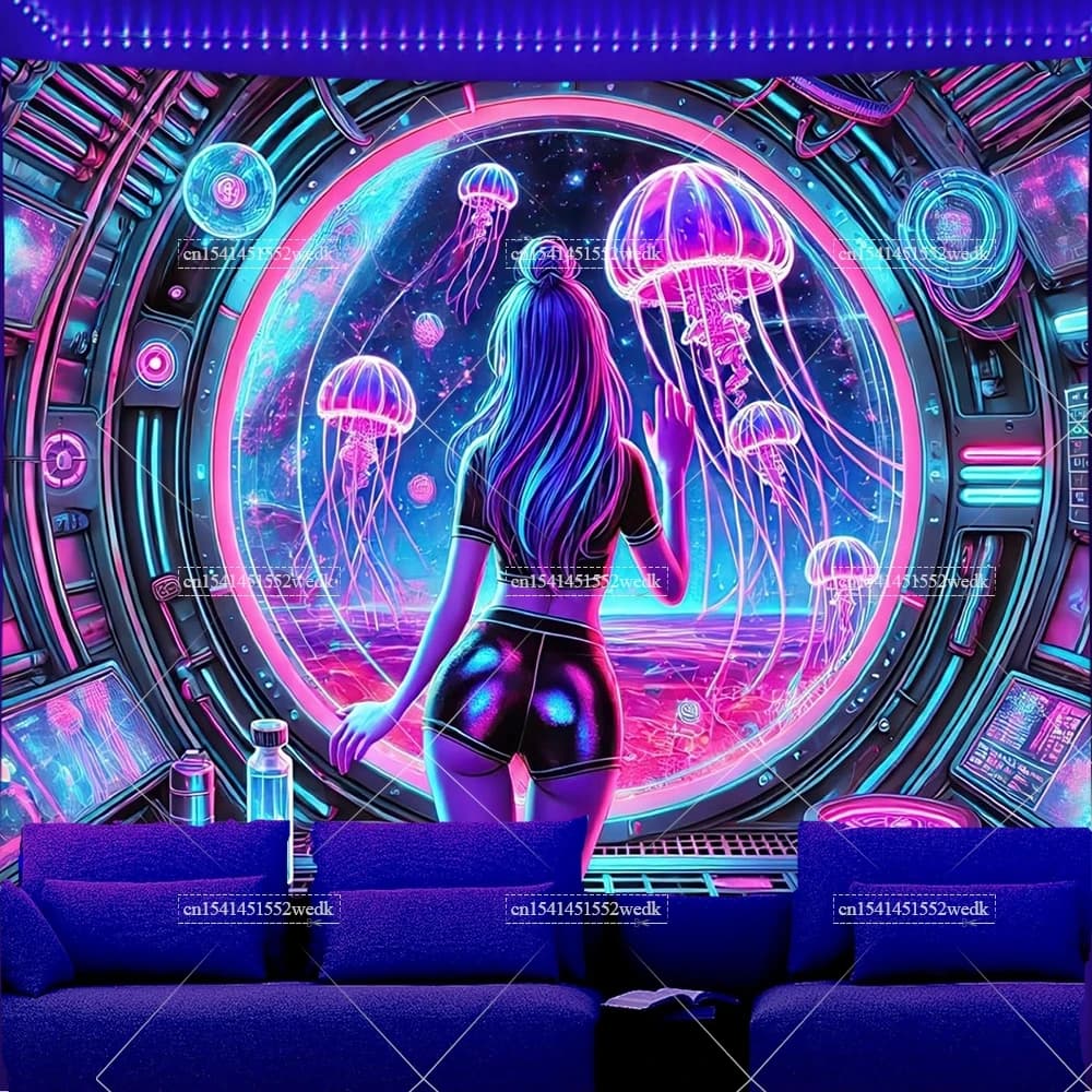 Cool Girl Blacklight Tapestry UV Reactive Glow In The Dark Smoking Jellyfish Girl Neon Tapestry Aesthetic Room Decor Tapestrys