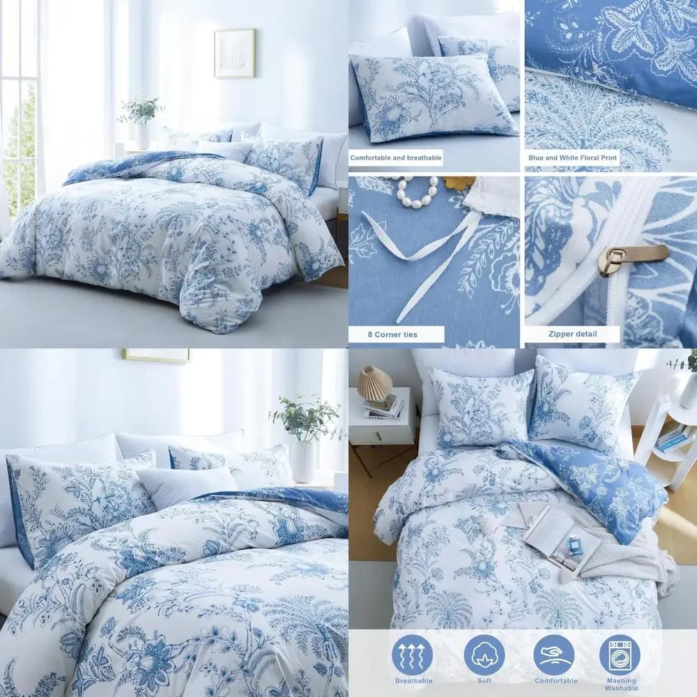Set Floral Queen Size Cover with 2 Faithful, White and Blue, Soft and Breathable Bed Linen for All Seasons