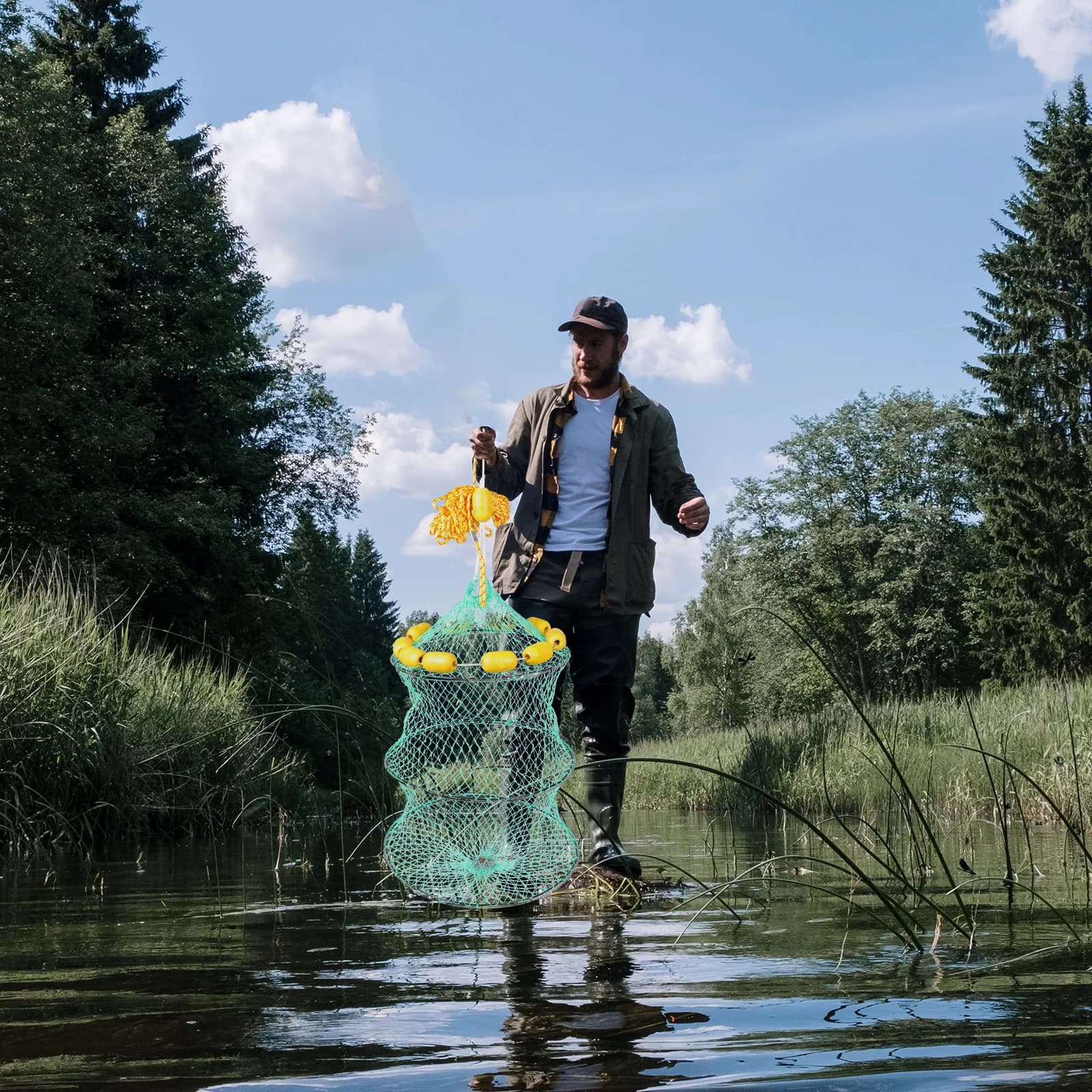 1 Pezzo Rete da Pesca Galleggiante Rotonda Pieghevole Resistente alle Deformazioni, Accessorio per la Pesca di Gamberi, Granchi, Aragoste, Anguille e Pesci