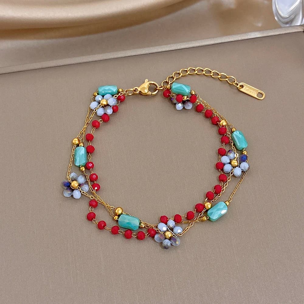 Freetry Elegant Seed Bead Flower Stainless Steel Bracelet for Women Multi layer Colorful Waterproof Bangle Ethnic Style Jewelry