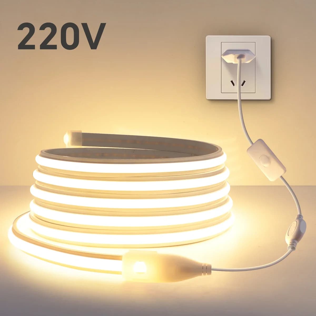 Pure Silicone LED Neon Light Strip With 220V Swtich EU Plug Fireproof Waterproof Self-Adhesive COB Tape 280LEDS/M Kitchen Decor