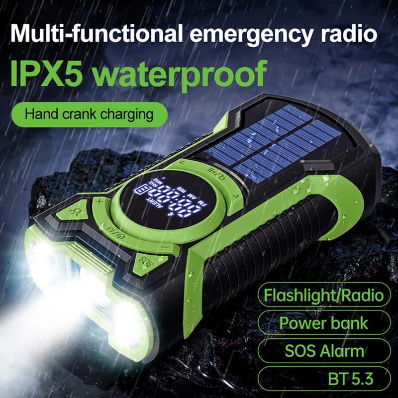Radio meteorologica solare di emergenza impermeabile con manovella, 5000mAh, compatibile Bluetooth 5.3, torcia LED, allarme SOS, avvisi meteo