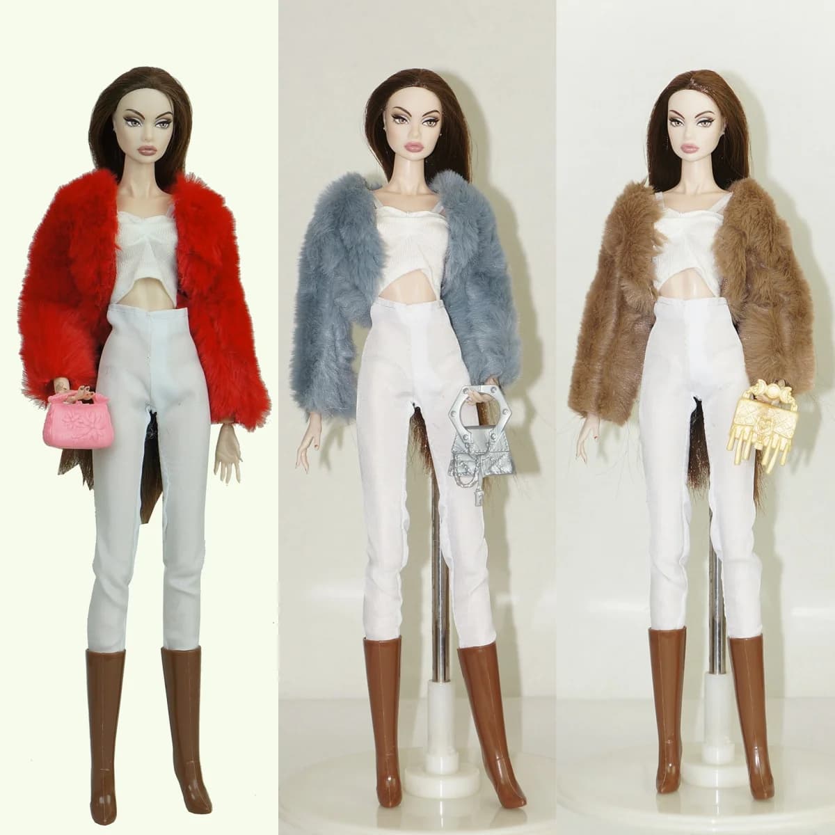 Set di Vestiti per Bambola Supermodel 1/6, Giacca in Pelliccia + Biancheria Intima + Pantaloni + Stivali + Borsa, Set di Abbigliamento alla Moda per Bambola da 30cm