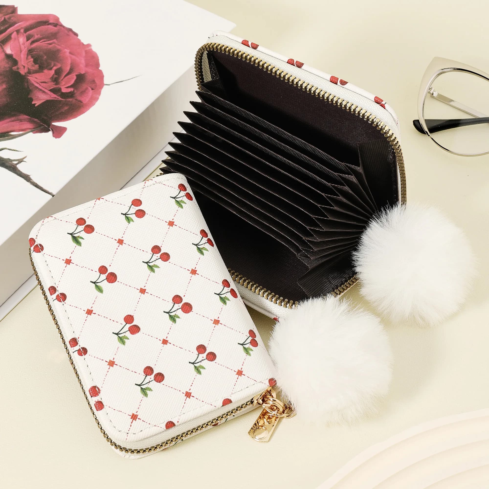 Fashionable and high-quality credit card storage bag, simple and casual with multiple card slots, Adorned with a Delicate Pom-po