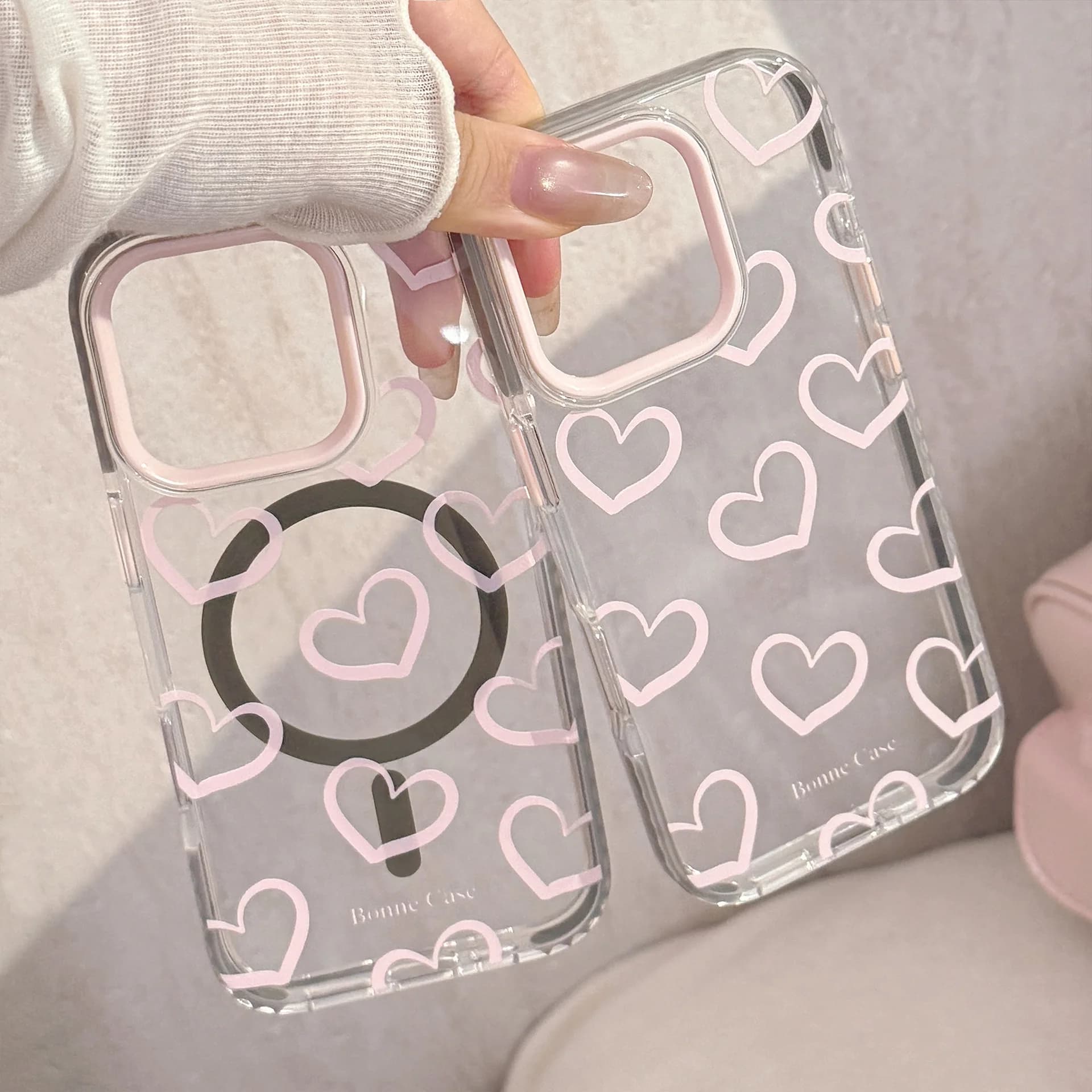 Custodia Magnetica Kawaii Rosa con Cuori Graffiti per iPhone 17 16 15 14 13 12 Pro Max, Cover Protettiva Trasparente Antiurto