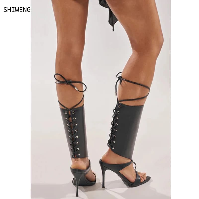 Women's Sexy Summer Sandals 2026 New with Monocolor Straps and Spilled Heels, Sliding Boots, Casual Sandals with Party Laces, Size 44