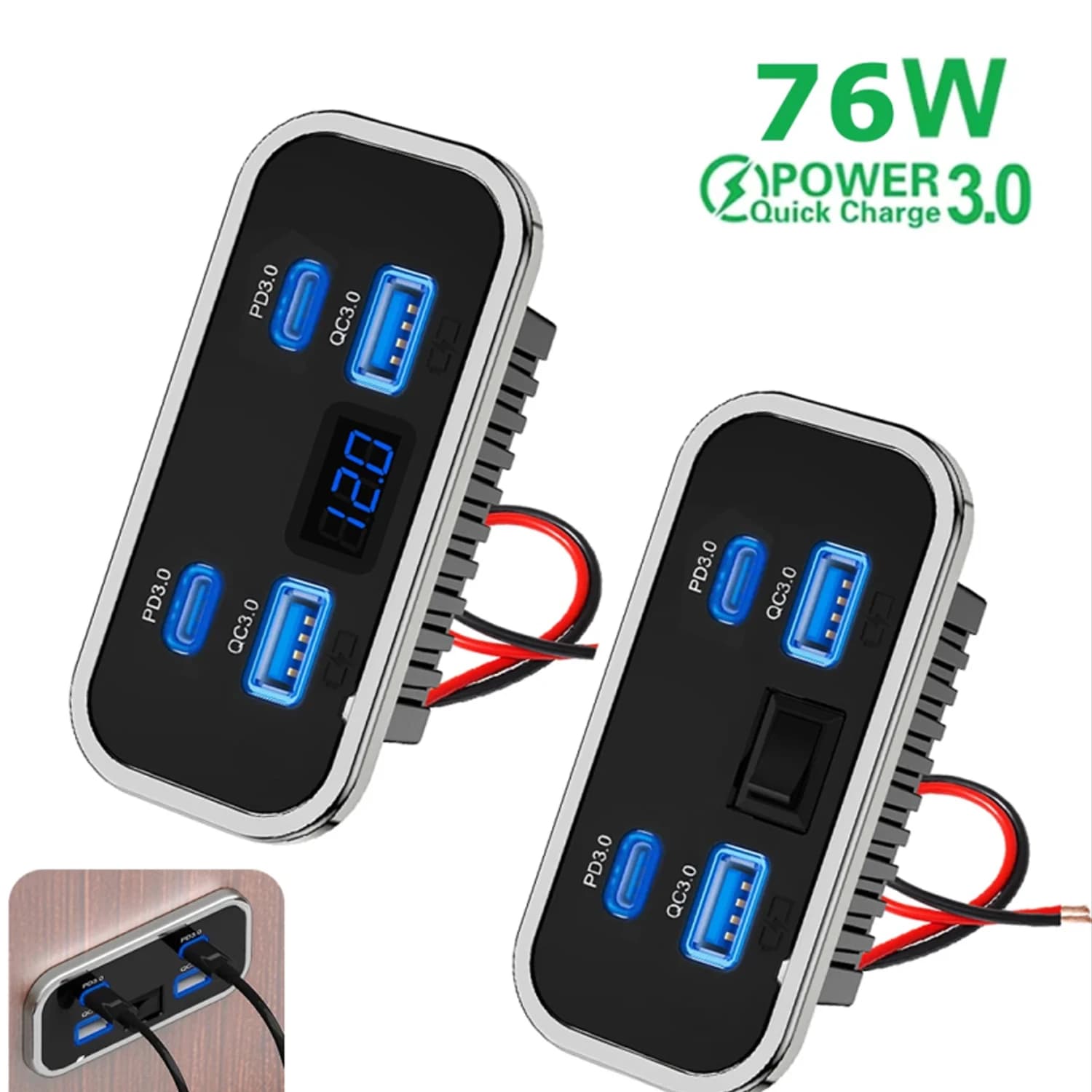 Caricatore rapido USB 3.0 doppio PD doppio QC3.0 tipo C da 76 W con interruttore di ricarica rapida pannello di alimentazione a 4 porte per autobus ATV auto camion marino