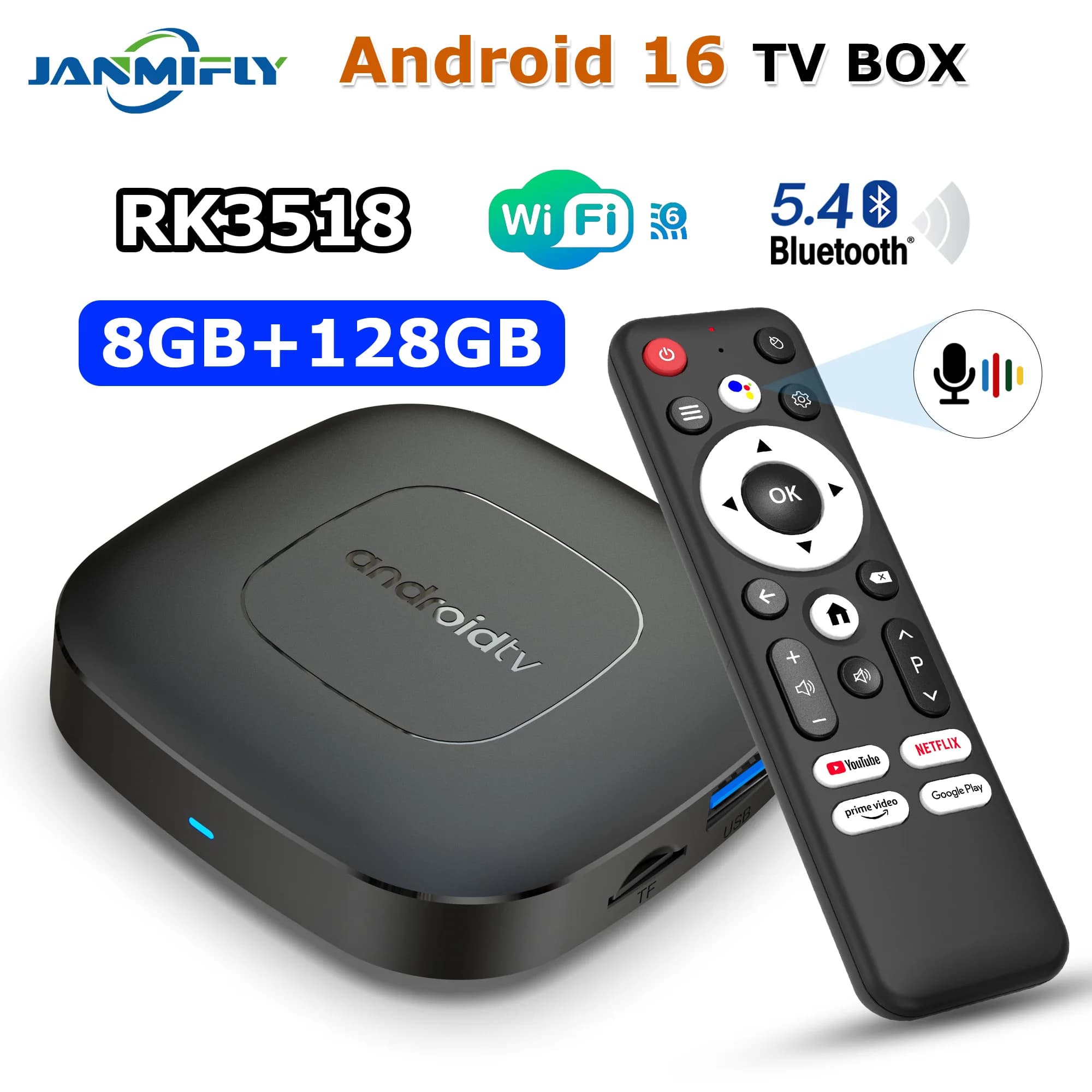 2025 T1 Nuovo Smart Android 16 TV Box Grande memoria 8 GB 128 GB RK 3518 Supporta WiFi 6 BT5.4 + 2.3 HDR10 Set Top Box