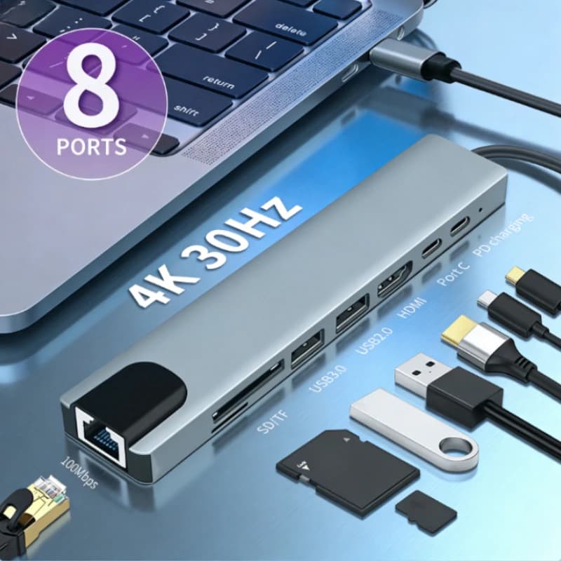 Hub USB C 8 in 1 da Type-C 3.0 a adattatore HDMI 4K con lettore di schede RJ45 TF/SD, ricarica rapida PD per laptop, MacBook, notebook, computer