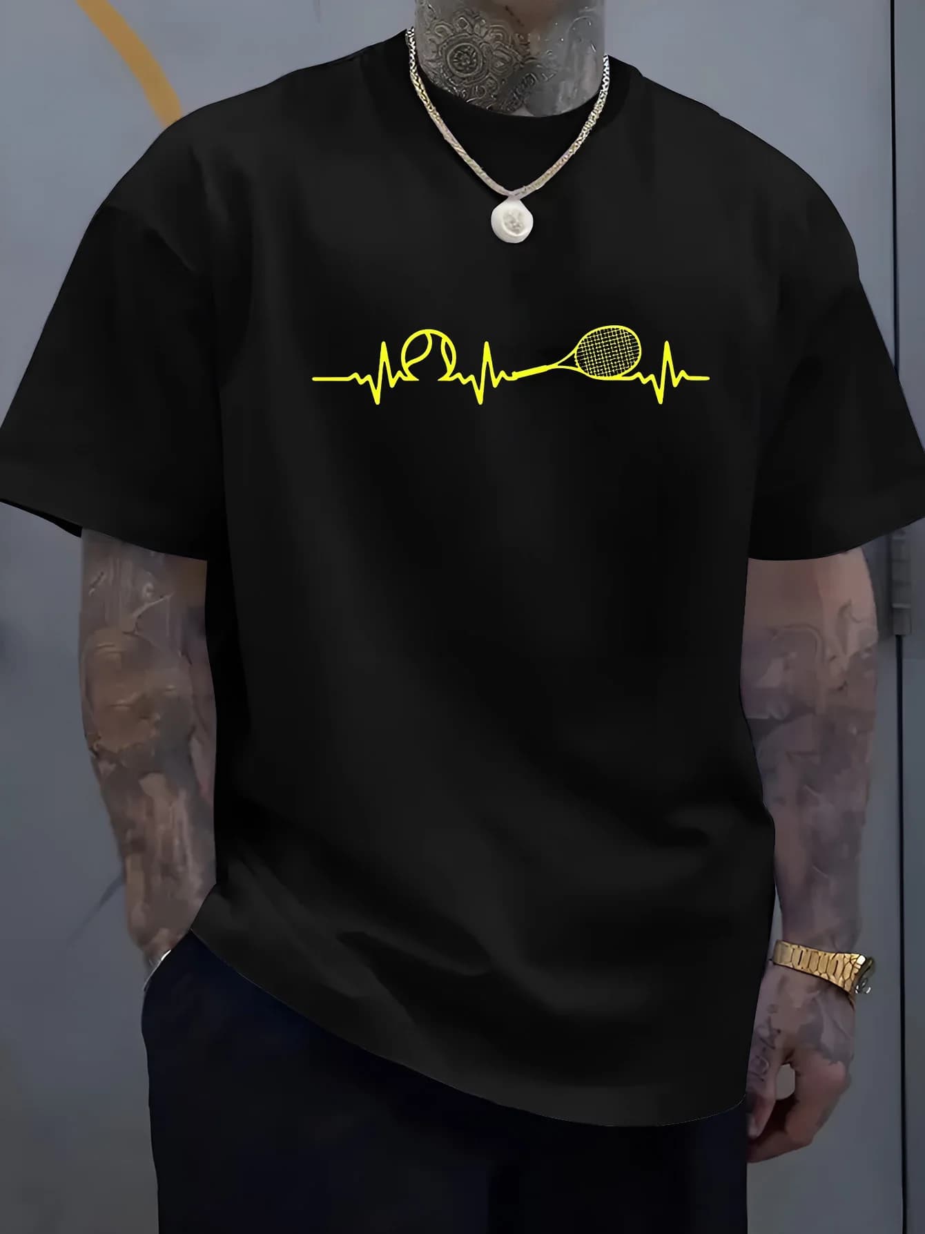 Men Gray Crew Neck Tee Yellow Tennis Racket Ball Heartbeat Line Graphic Tennis Player Sport Enthusiast Soft Cotton Male Tops