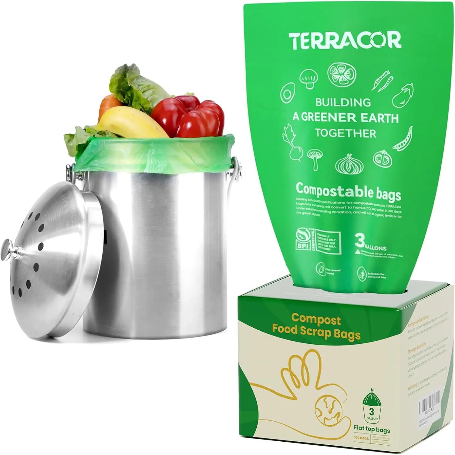Sacchetti Compostabili per Scarti Alimentari da 3 Galloni, Confezione da 100 per Bidone della Cucina, Certificati BPI e Conformi allo Standard ASTM D6400