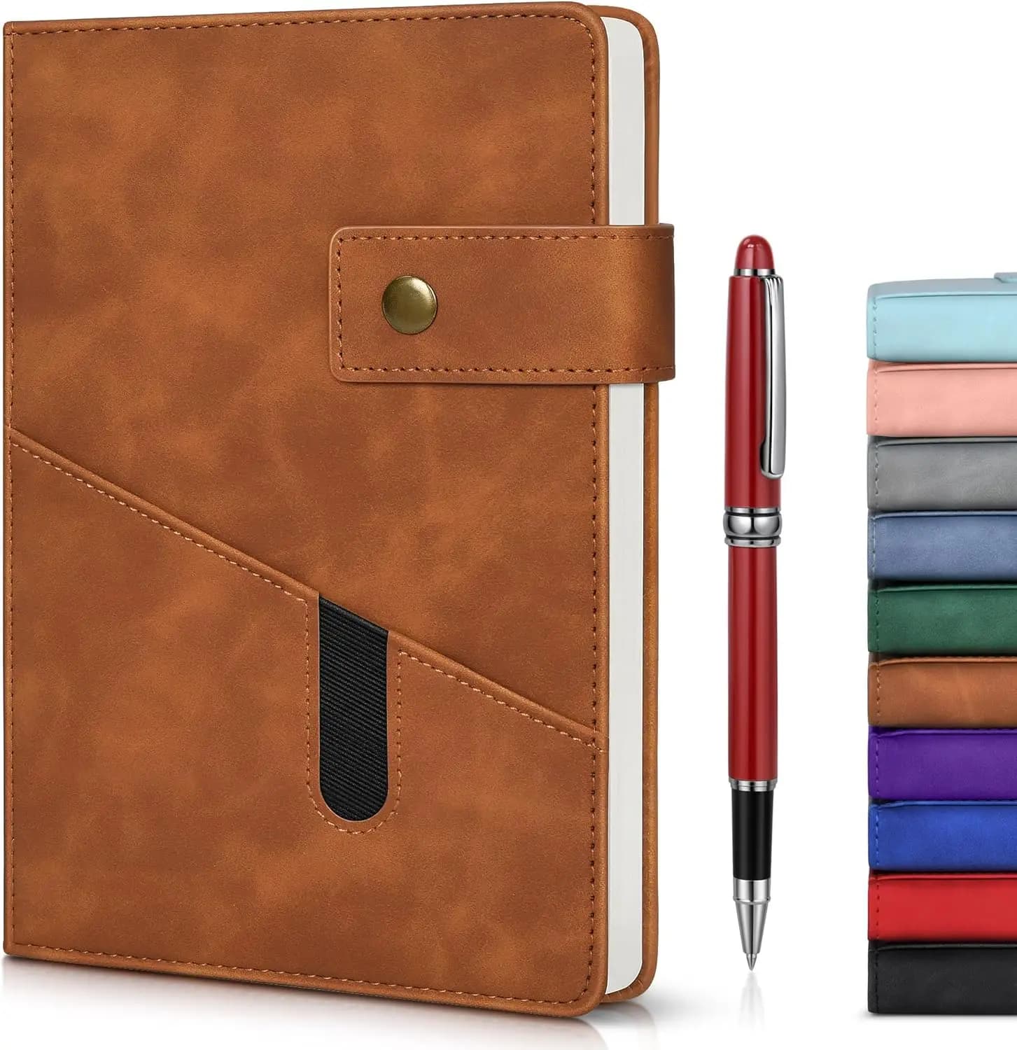 A5 Lined Journal Notebook with Pen, 200 Pages 100 GSM Thick Paper, Hardcover Leather for Men Women, College Ruled, 5.9" x 8.4", Brown