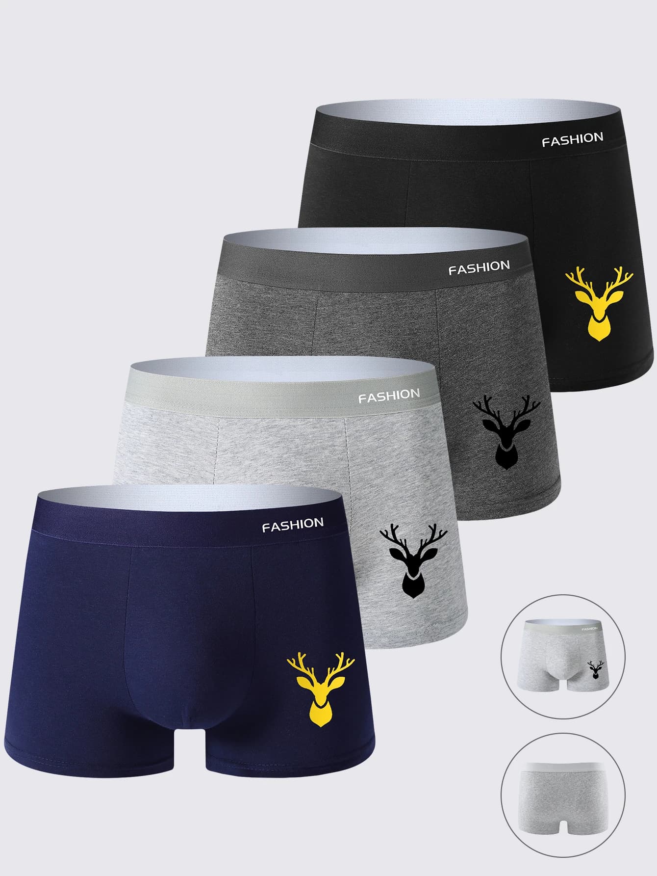 4-Pack Men's Boxer Briefs Simple Deer Head Design Casual Fitness Soft Comfortable Health Men's Underwear