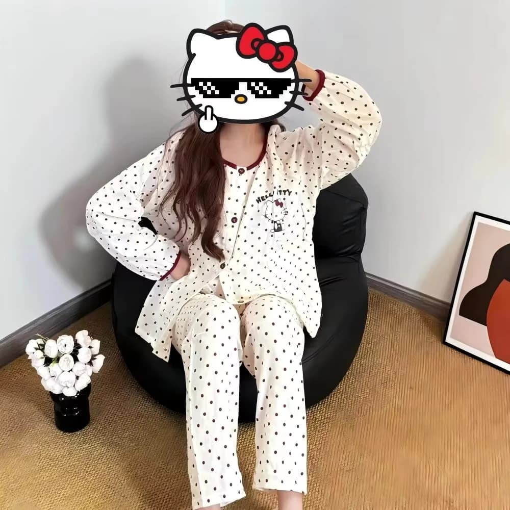 Set pigiama Anime Sanrio Hello Kitty da donna, caldo, con scollo rotondo, a pois, maniche lunghe e pantaloni, comodo abbigliamento per la casa