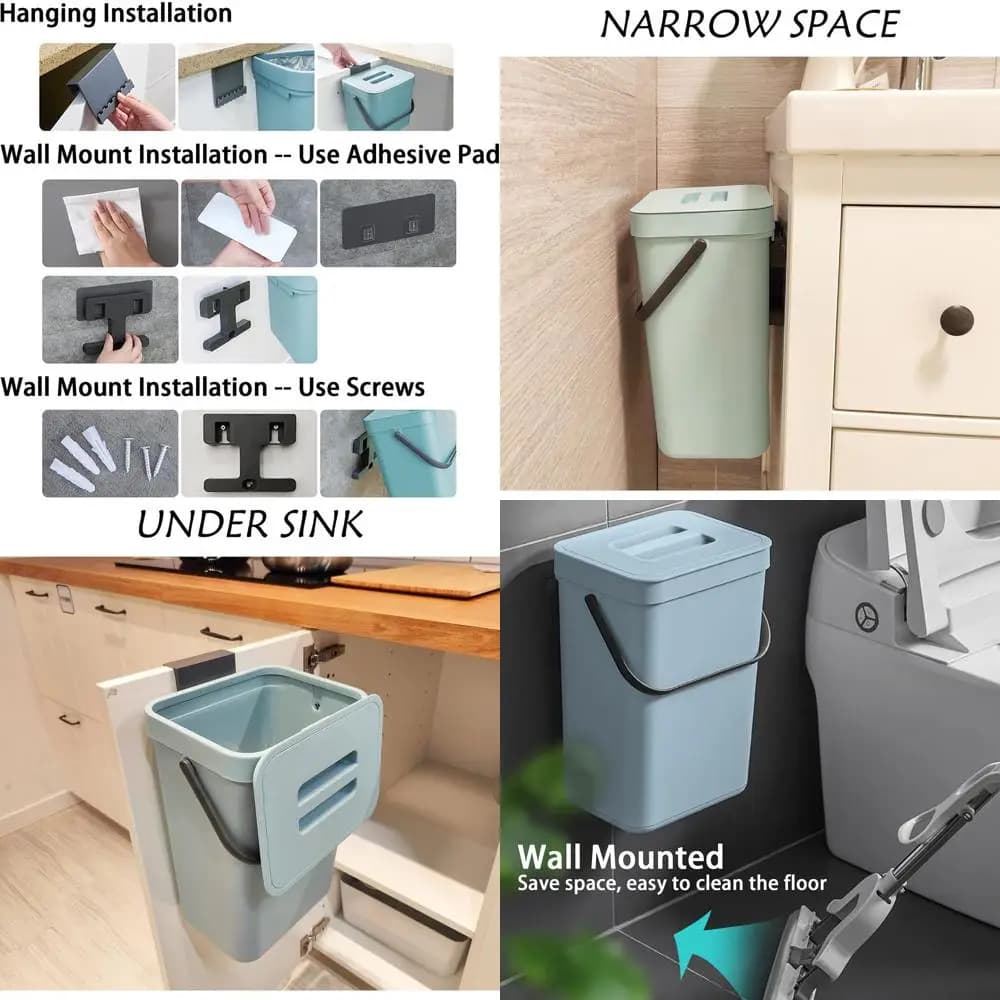 Contenitore per compost da cucina da parete per interni da 12 litri con coperchio, confezione blu