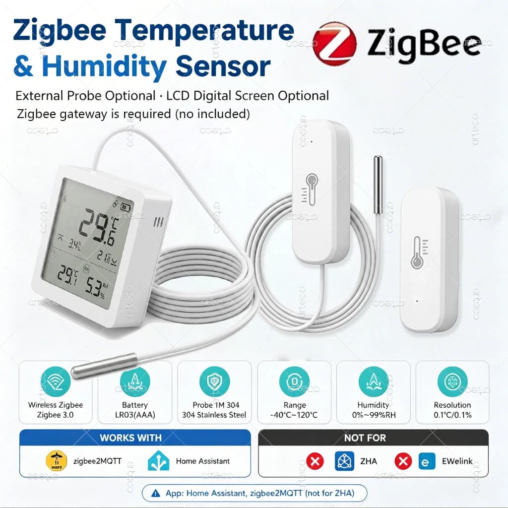 Zigbee Temperature Humidity Sensor with External Probe LCD Thermometer Smart Home Remote Monitor Works with Z2M Home Assistant