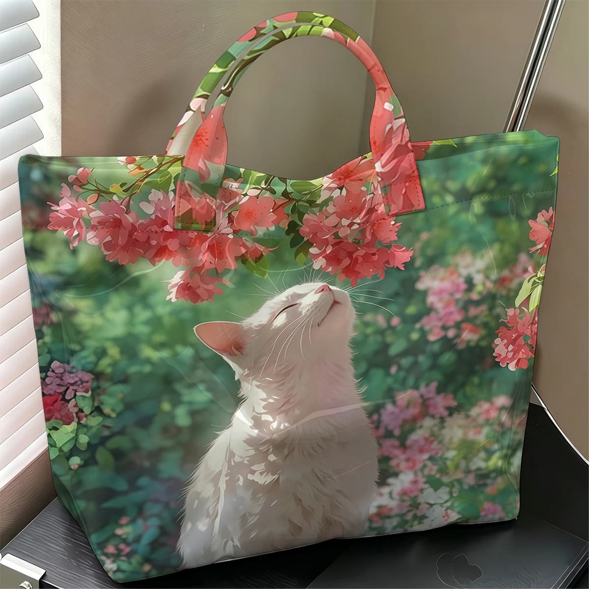 Cat Sniffing Blossoms Stylish Large Glossy PVC Tote Bag Washable Waterproof Durable Ideal for Travel Commute Cosmetics Handbags
