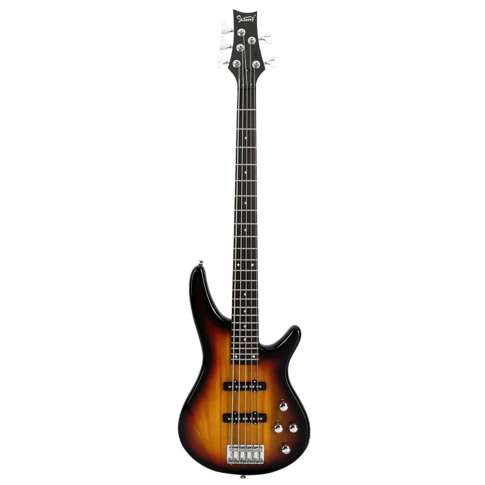 Electric 5 String Bass Guitar Full Size Bag Strap Pick Connector Wrench Tool Sunset Color