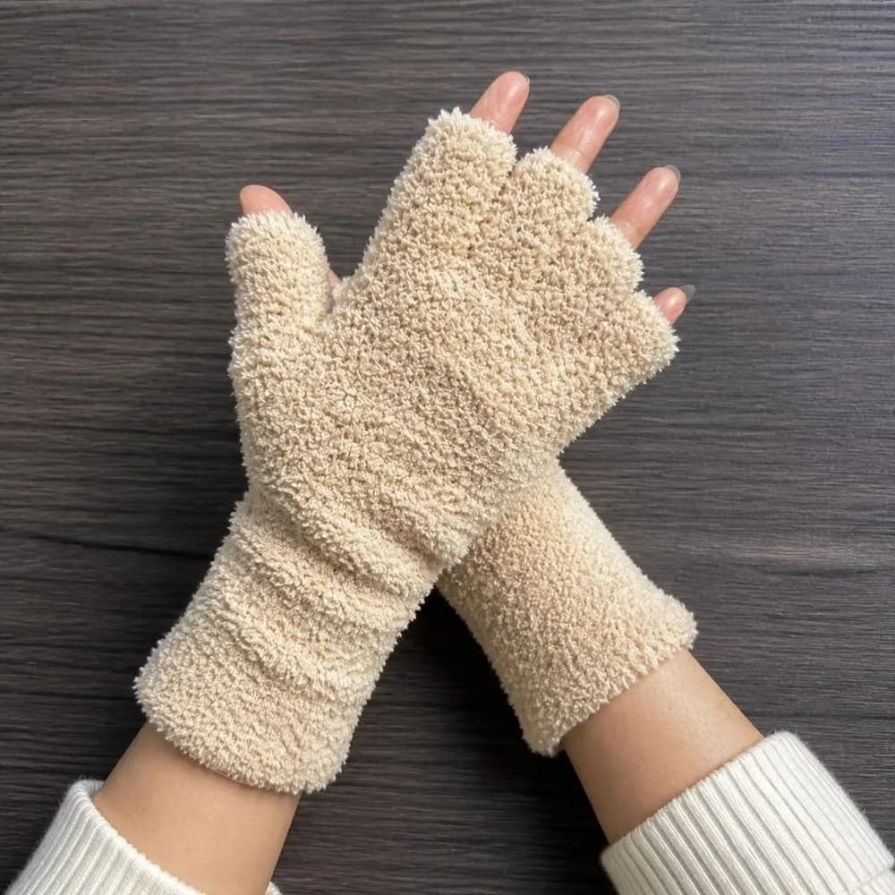 Cozy Solid Color Half Finger Gloves Coral Fleece Thicken Knitted Gloves Breathable Elastic Cuff Warm Gloves Winter