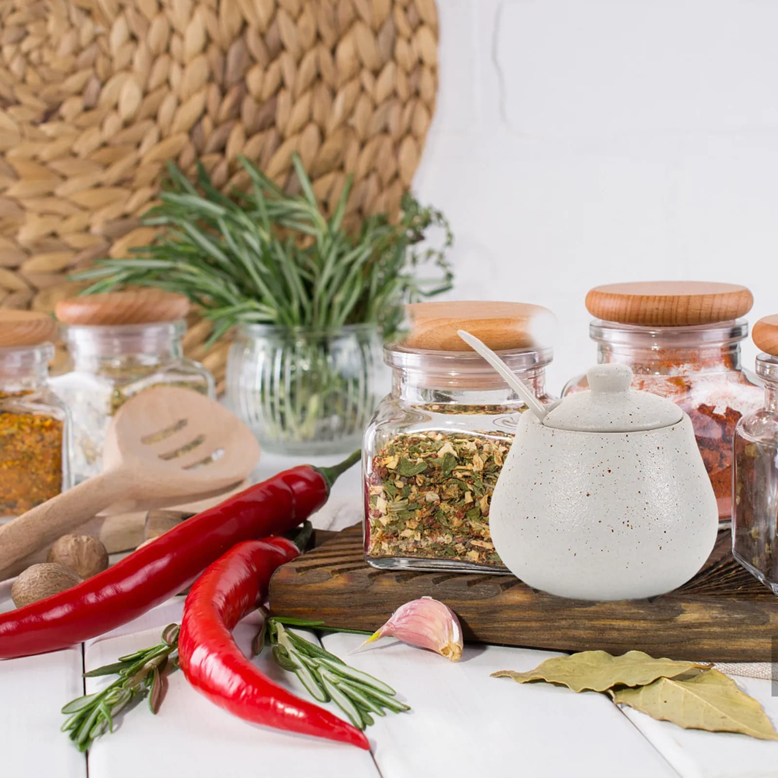 Set di 1 Barattolo per Spezie in Ceramica, Design Giapponese, Contenitore per Condimenti con Cucchiaio, Resistente alle Alte Temperature, Mantiene la Freschezza