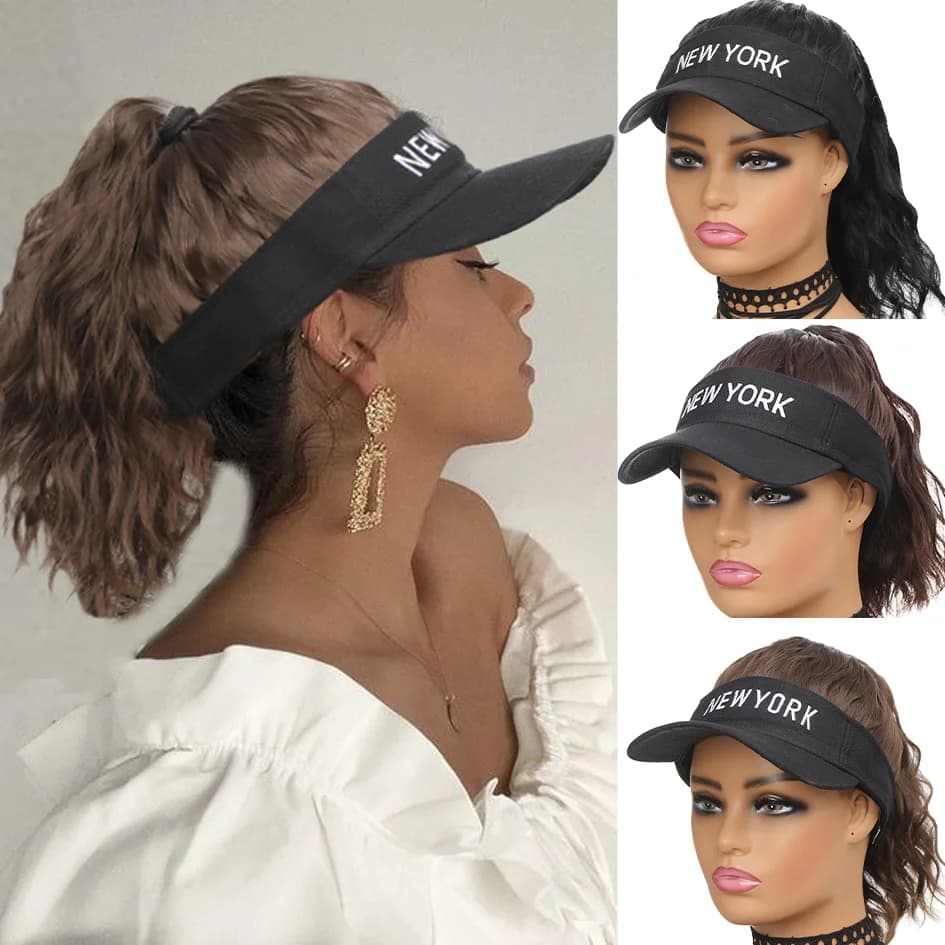 Cappello da donna sintetico da 12 pollici cappello da parrucca con ondulazione dell'acqua con cappello da parrucca a coda di cavallo con parrucca parrucca da baseball nera regolabile da donna