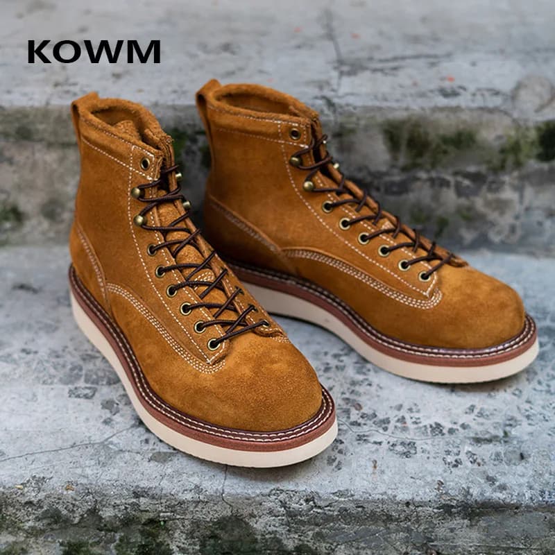 KOWM Scarpe da trekking stivali in pelle di vacchetta da uomo Scarpe da trekking britanniche sneakers alla caviglia con suola spessa stivali da viaggio per moto alti in pelle bovina