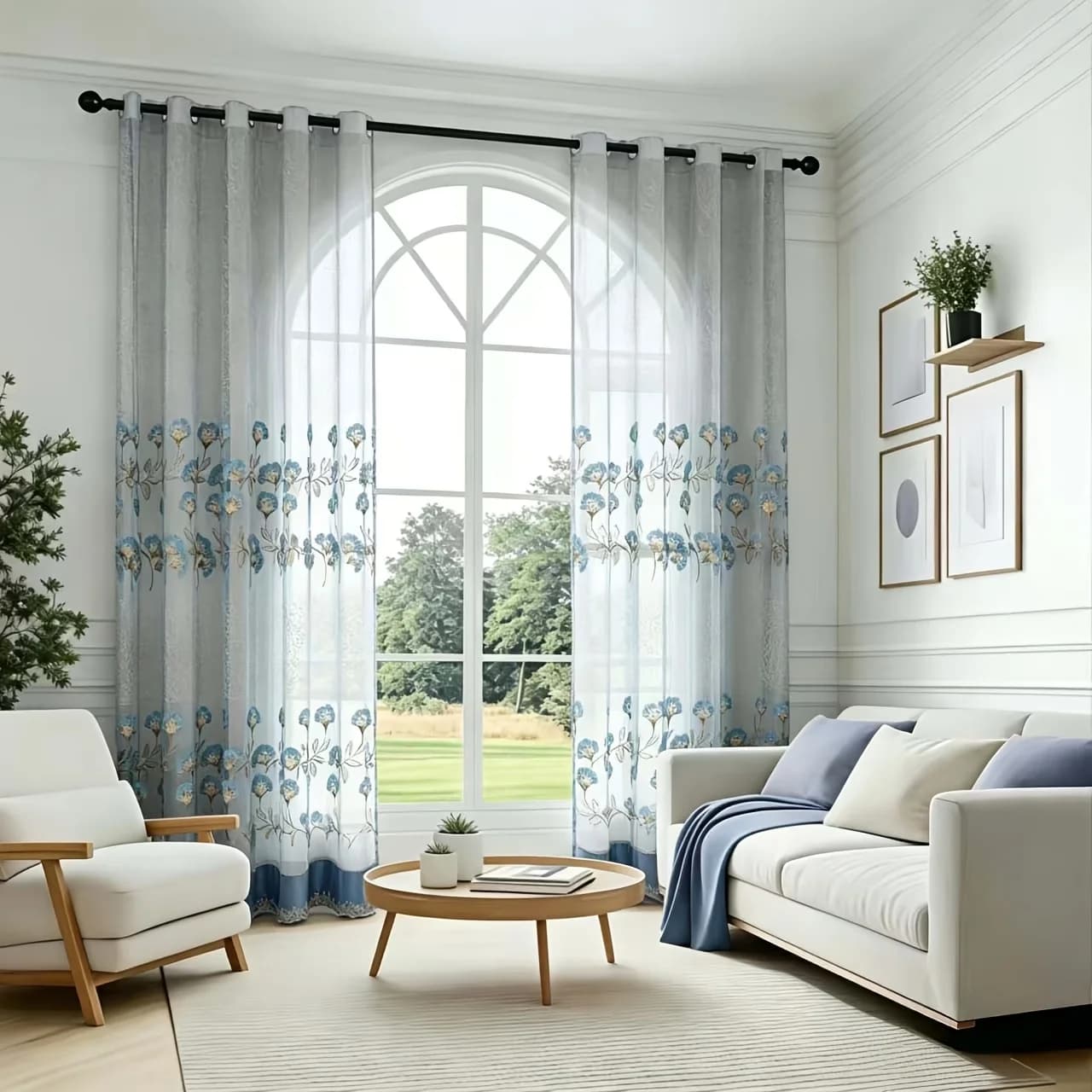 1pc French Light Luxury Blue Embroidered Sheer Curtains, Grommet Top for Living Room Bedroom