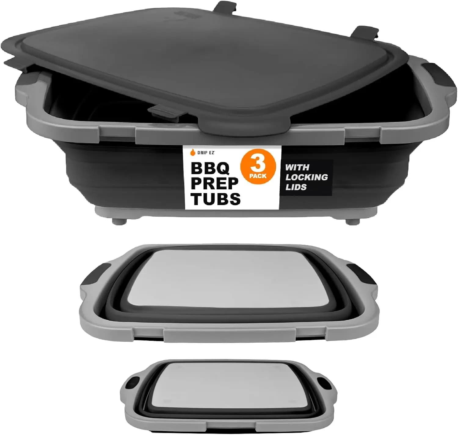 Set di 3 Vasche Pieghevoli per BBQ - Preparazione Pasti, Marinatura, Conservazione Alimenti - Include Tagliere e Coperchio - Nero