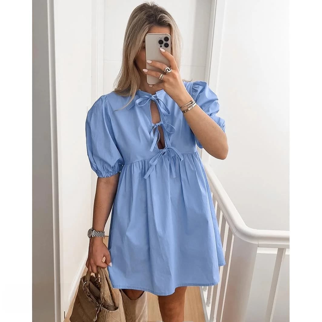Abito Estivo Sexy con Maniche a Bolla, Nuovo Arrivo, Vita Alta, Gonna Corta a Trapezio, Stile Nordico, Abito da Bambola con Cintura per Donna 25-29 Anni