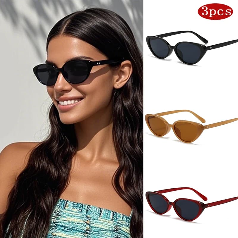 3pcs Vintage Cat Eye Sunglasses Women Anti-UV Glasses Small Oval Simple Design Eyewear Retro Men Rivets Sun Glasses Oculus