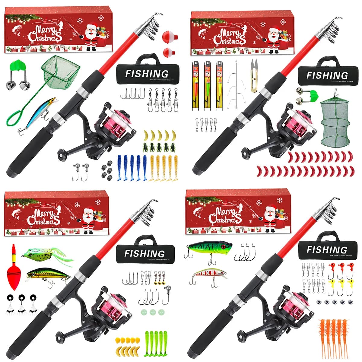 Canna da richiamo Set completo Canna da pesca telescopica in fibra di vetro Kit esca Linea di ganci Rete per attrezzi da pesca Confezione regalo di Natale