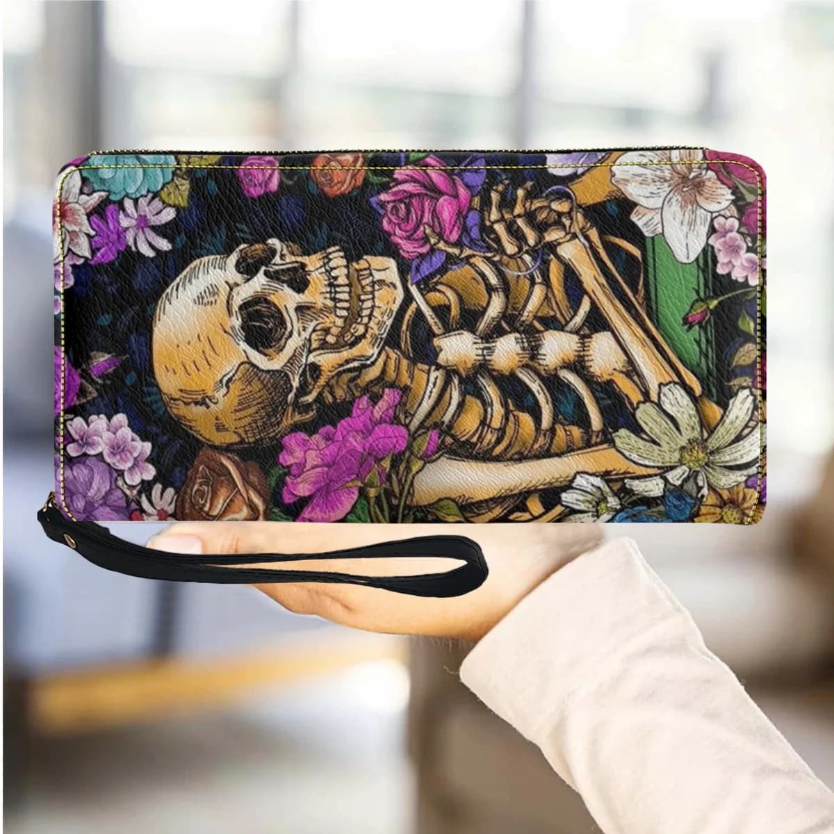 Women's Leather Wallet with Skull, Multifunction Card Holder with Hinge, Sottile, Travel, Meat Passport for Girls