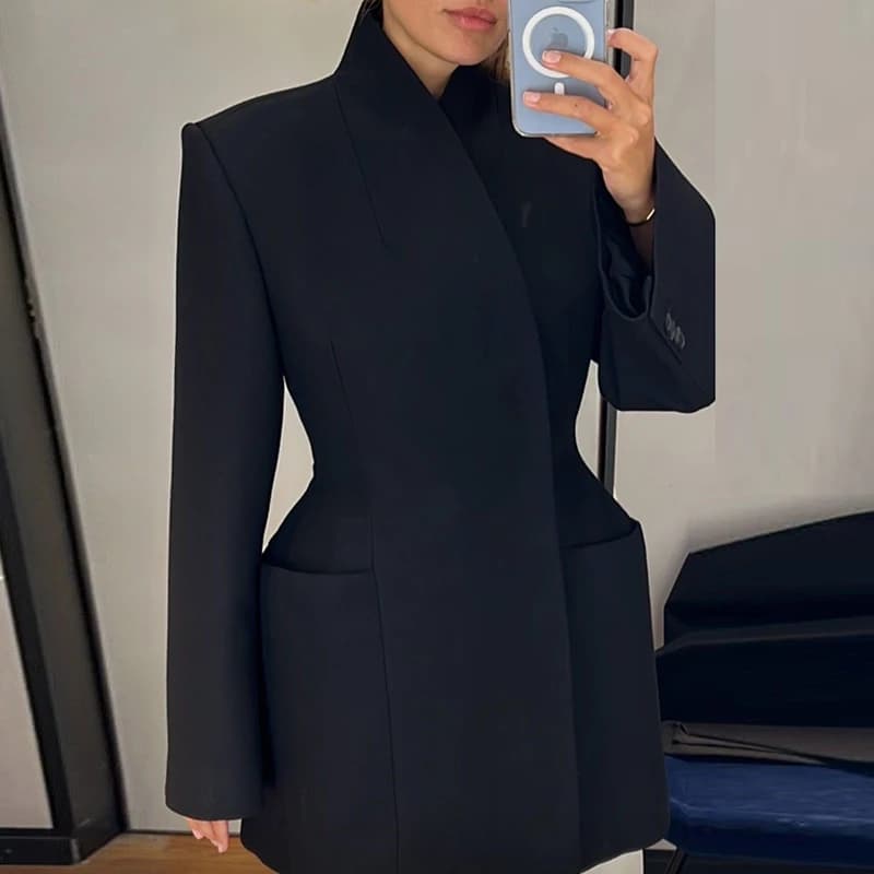 Pocket commuting coat with fashionable women's collar 2024 Long-sleeved jackets with elegant temperament Casual pocket with hidden buttons