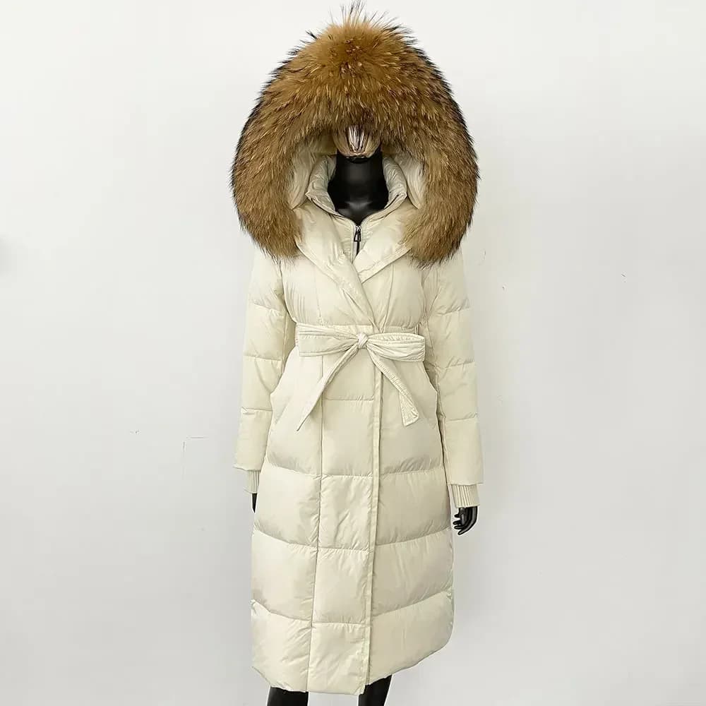 Piumino da donna invernale in vera pelliccia di volpe naturale con cappuccio colletto staccabile cintura piumino d'oca bianca lungo casual elegante overwear