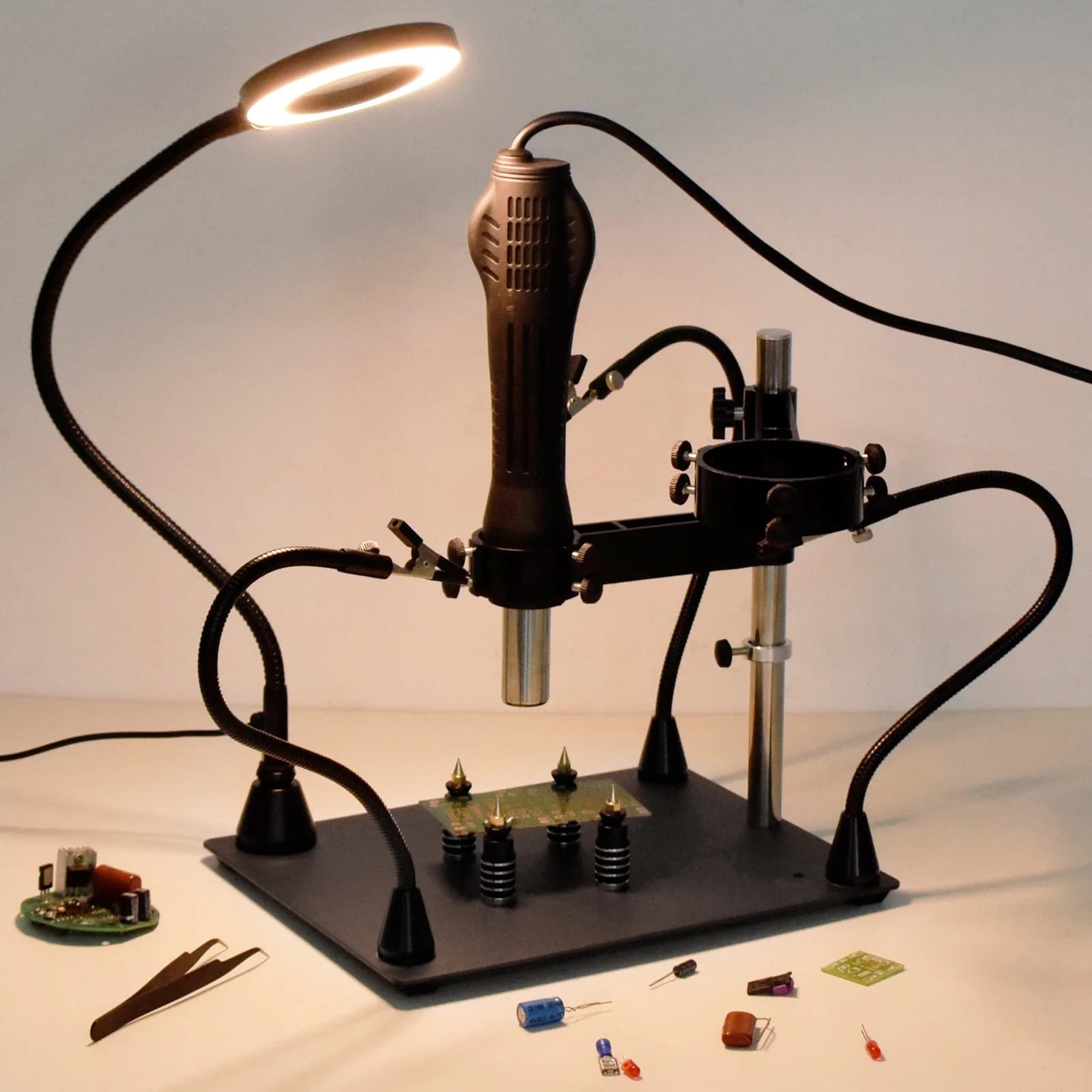 NEWACALOX Supporto per pistola termica magnetica flessibile per saldatura di terze mani con lente d'ingrandimento LED 3X per la riparazione PCB che aiuta la stazione di rilavorazione