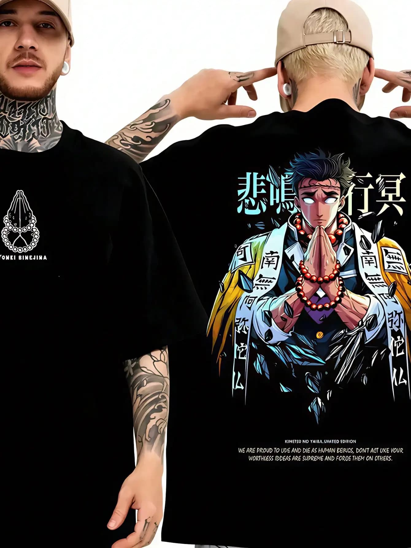 Black Graphic Print T-Shirt with Anime-Inspired Art, Loose Fit, Cotton Blend