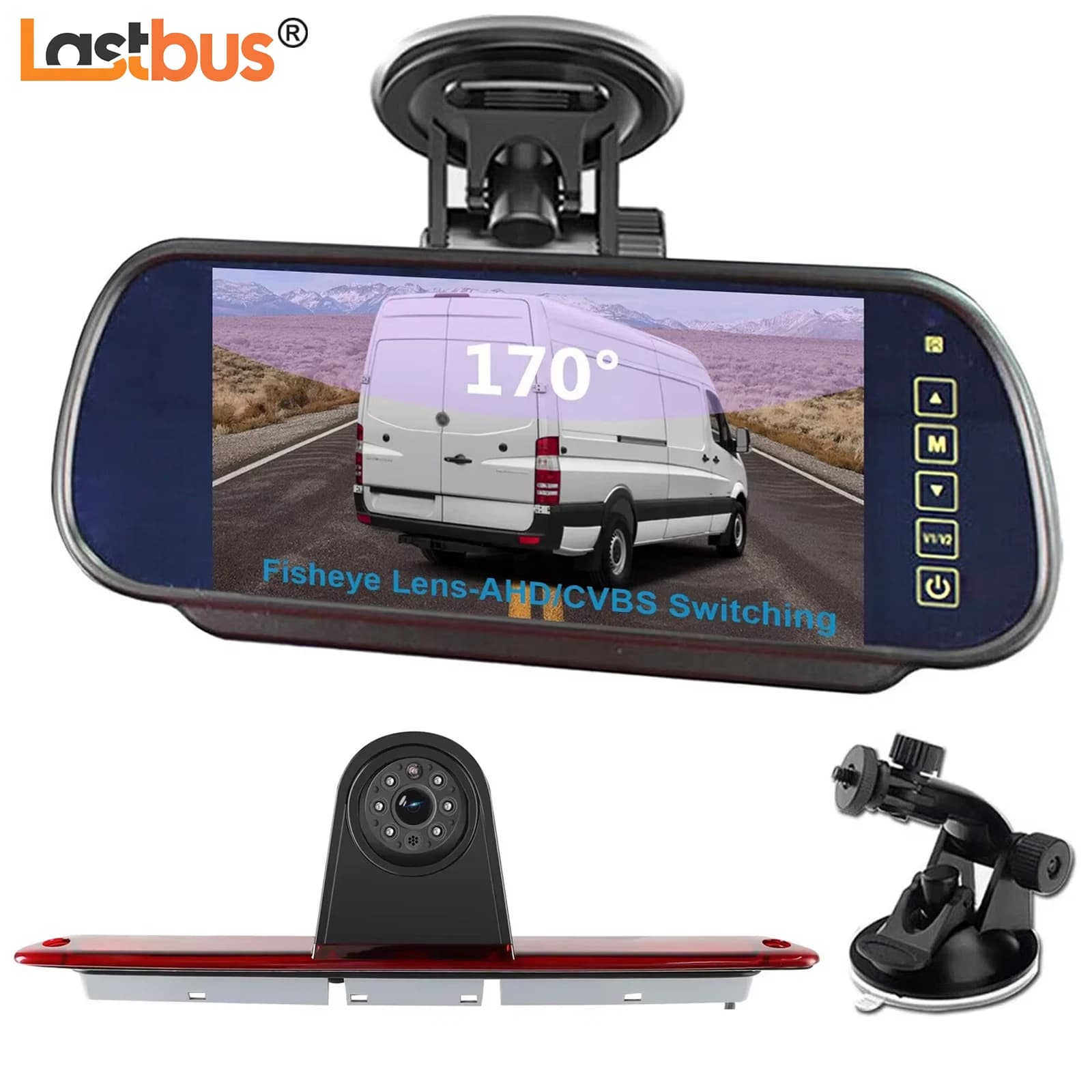 Lastbus 7 "schermo a specchio monitor per auto parabrezza aspirazione + telecamera per retromarcia IR kit per visione notturna per Benz Sprinter e VW Crafter