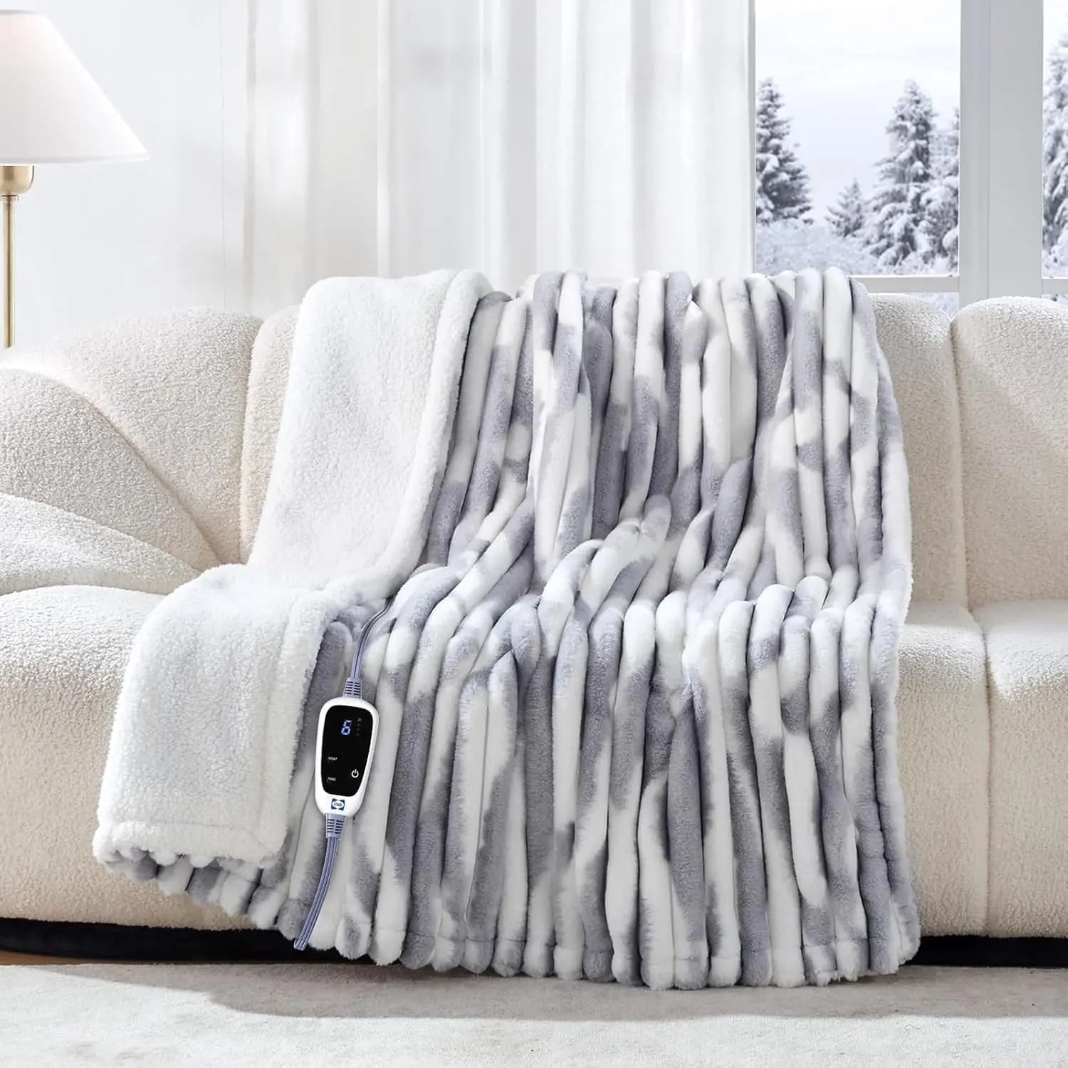 Coperta Elettrica Riscaldata 50"x60", Reversibile da Finta Pelliccia a Sherpa, 6 Livelli di Calore e Spegnimento Automatico, Lavabile in Lavatrice, Blu e Bianco