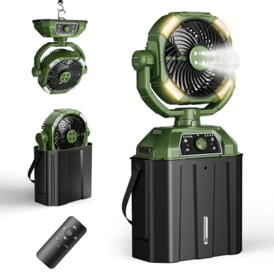 Portable Misting Fan Rechargeable for Hot Weather - 9-inch Auto Swivel Camping Fan with 25000mAh USB Battery as Power Bank, Out