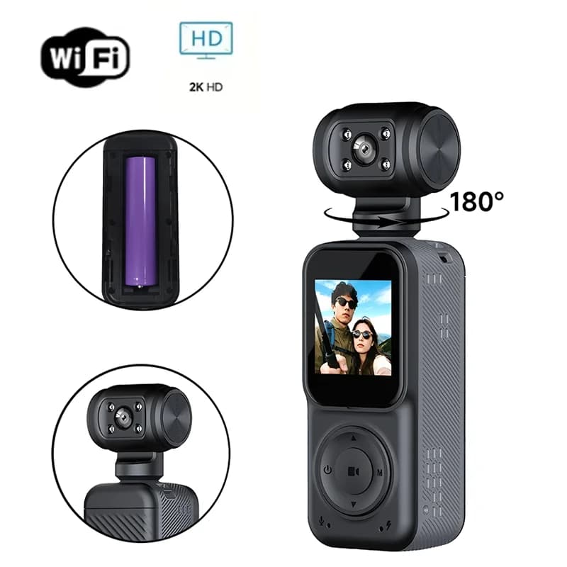 Action Camera Video WiFi Pocket 180 ° Full HD 2K Sports Camera with Rotation and Night Vision for Bike and Moto Helmet