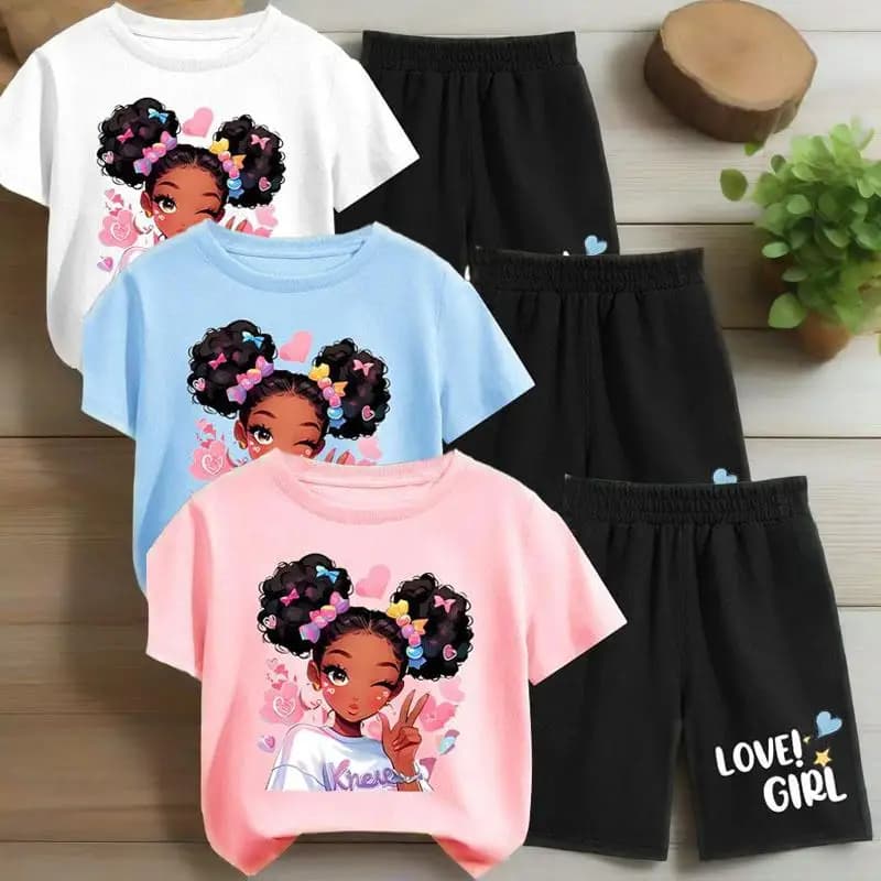 T-shirt per ragazze stampate estive Pantaloncini Set da 2 pezzi Completi casual traspiranti per bambini Set top a maniche corte per bambini Tuta sportiva