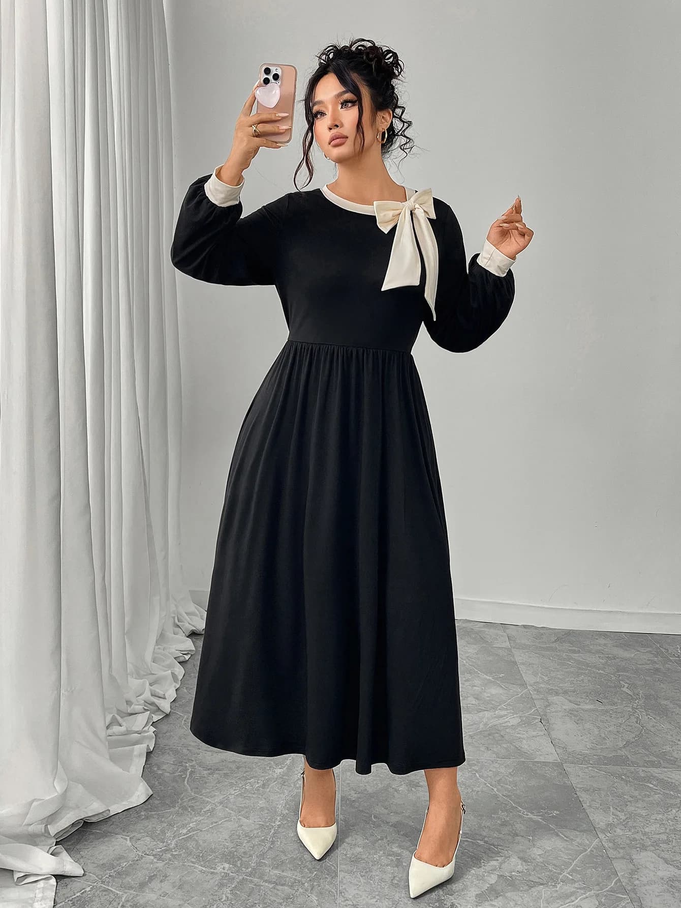 Women's Plus Size Black White Bow Trim Round Neck Long Sleeve Smocked Waist Elegant Casual Daily Fashion Midi Dress