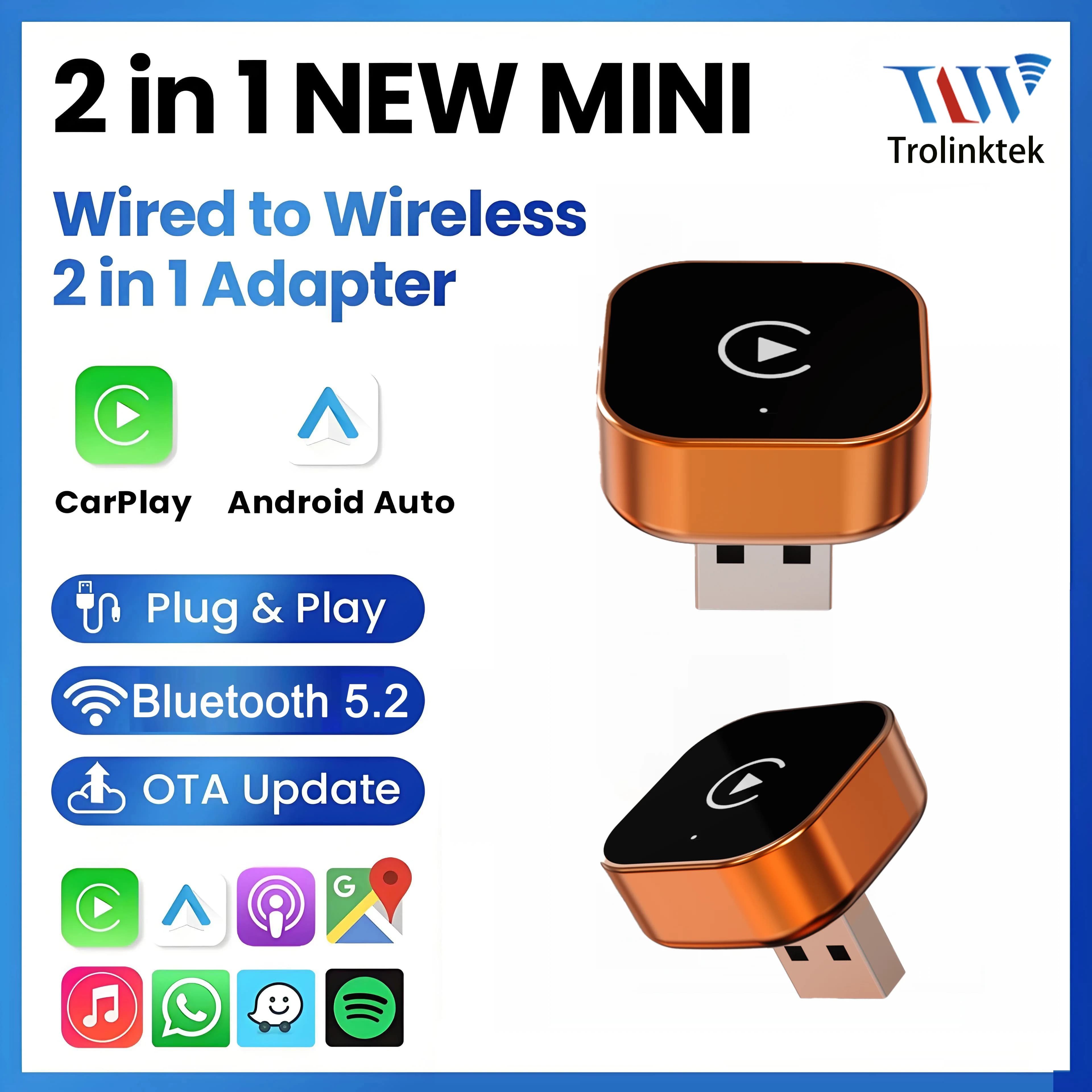 2026 The latest Carplay Wireless 2 Adapter in 1 Apple Orange Color Supports Android Apple Phone Compatible with Wired Carplay Models
